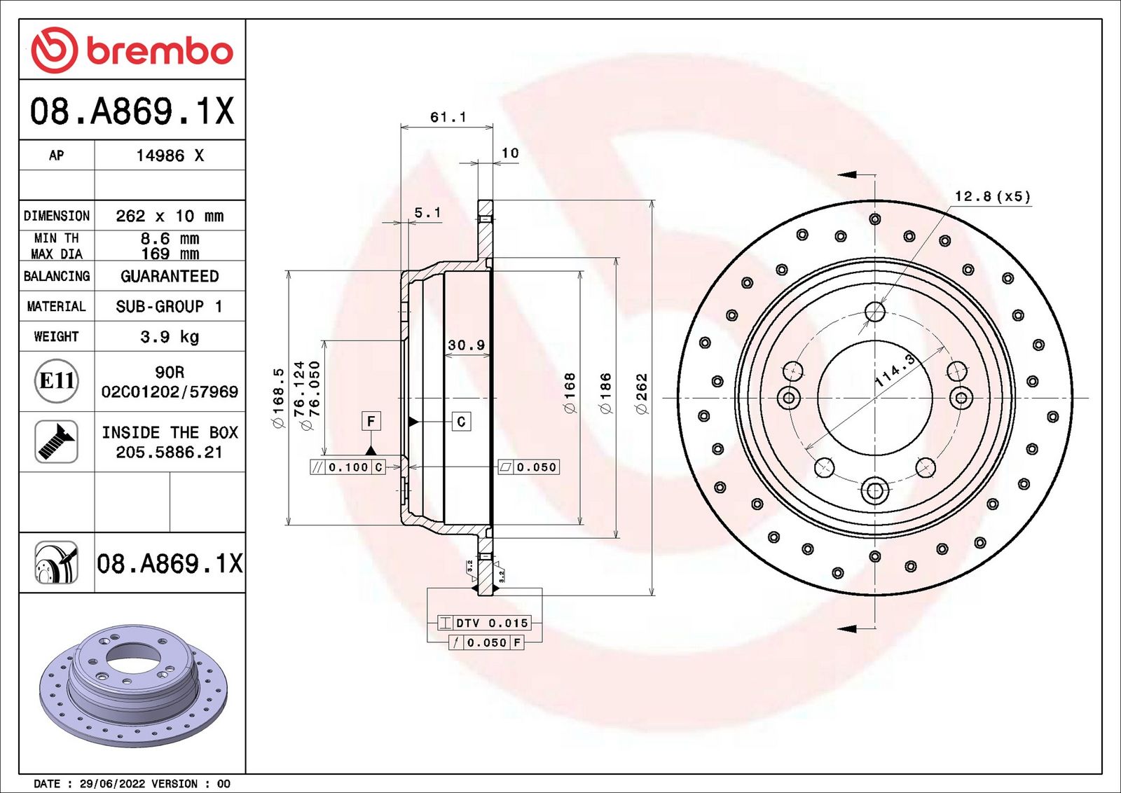 BREMBO 08.A869.1X - Bremsscheibe