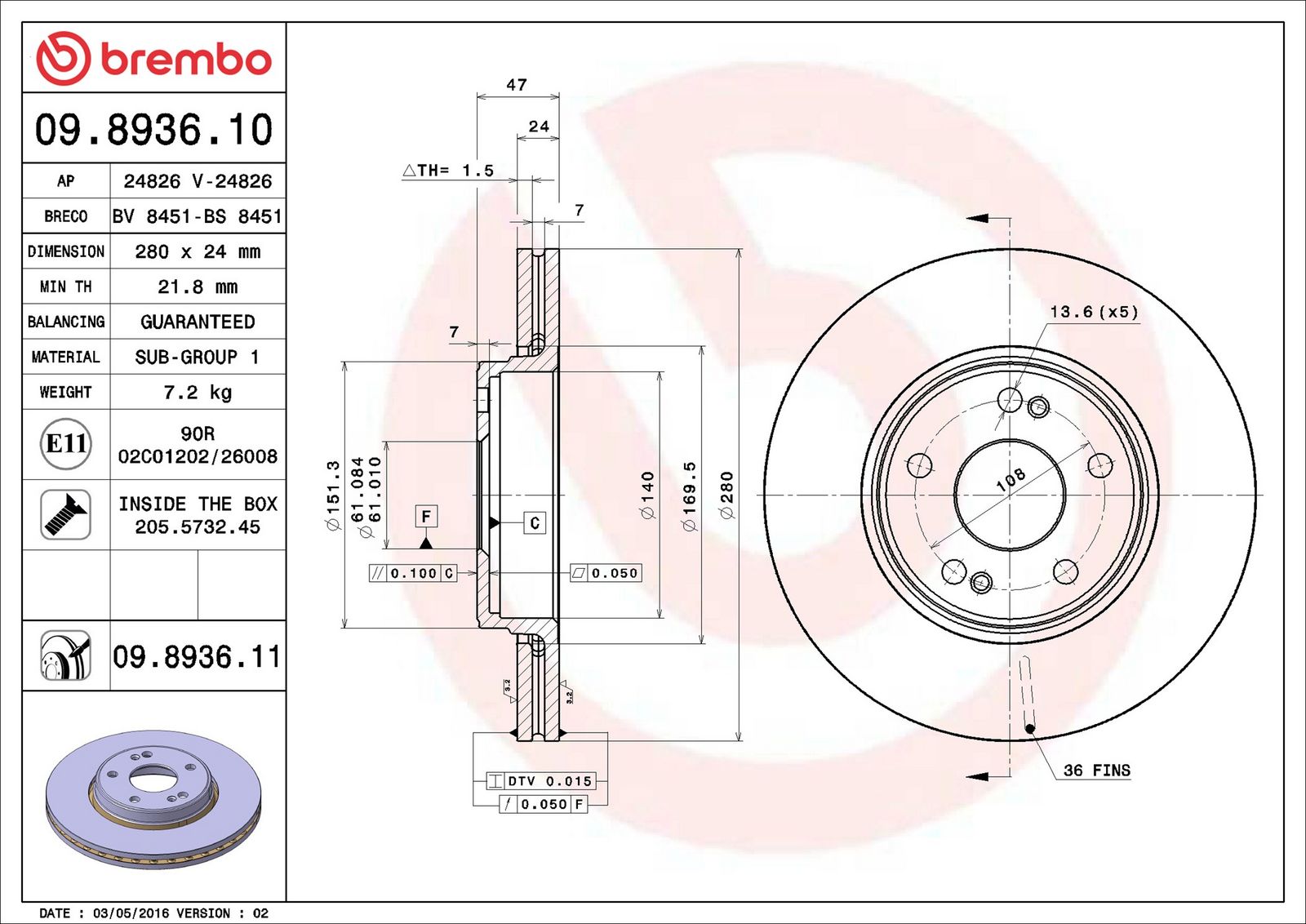 BREMBO 09.8936.11 - Bremsscheibe