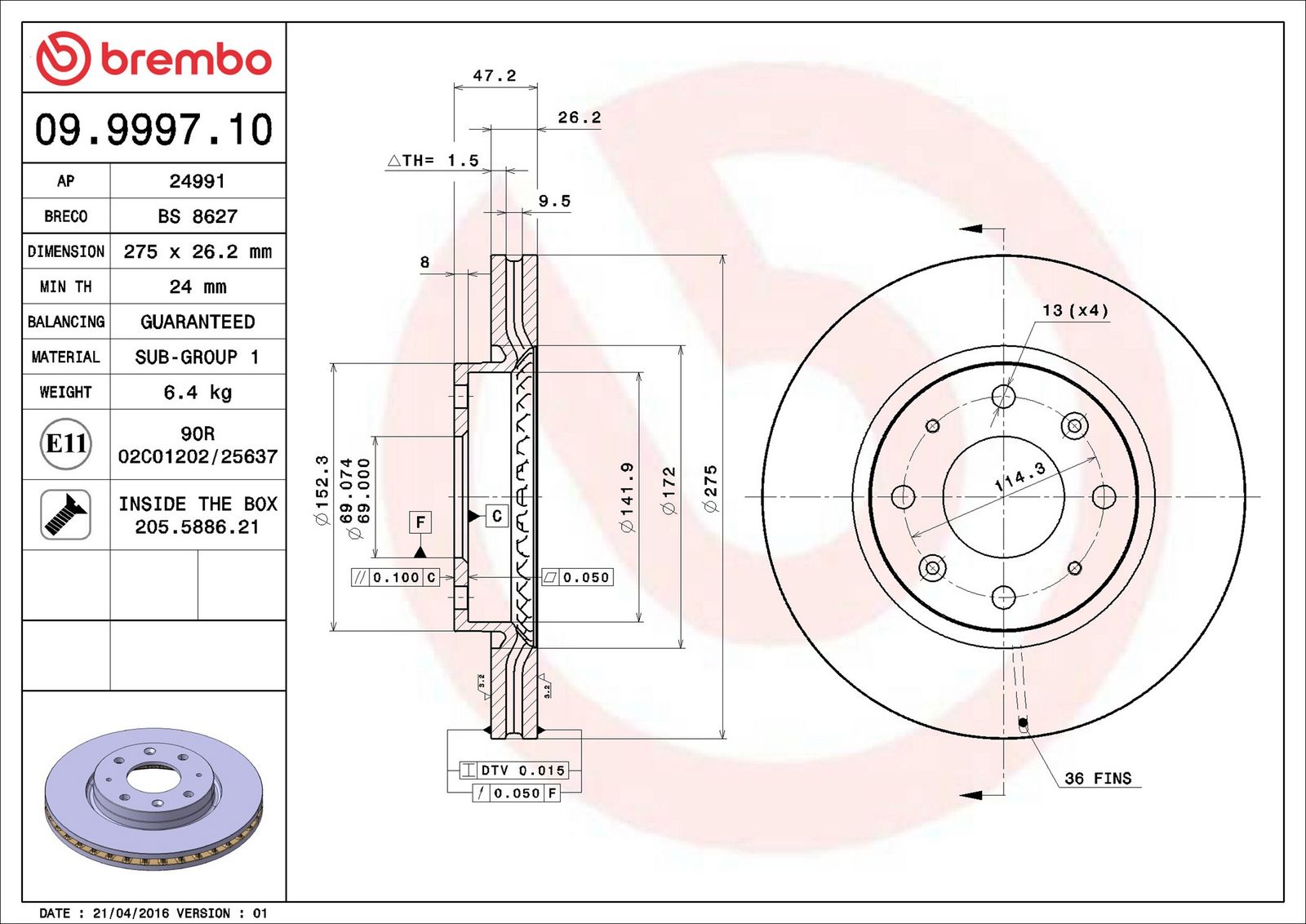 BREMBO 09.9997.10 - Bremsscheibe