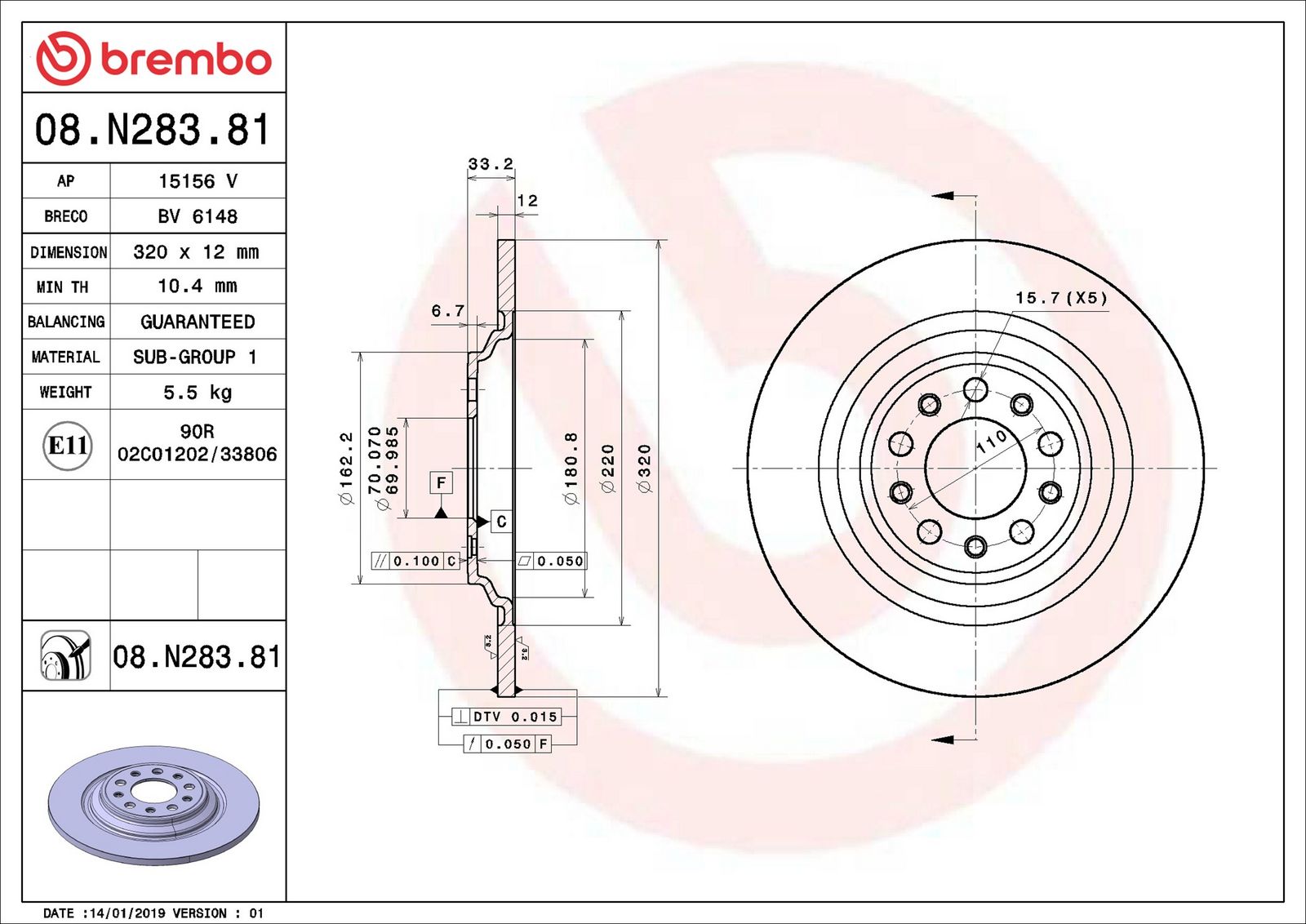 BREMBO 08.N283.81 - Bremsscheibe