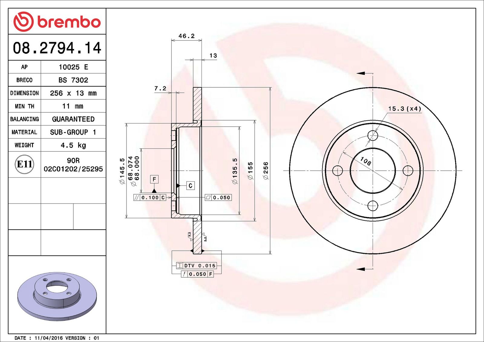 BREMBO 08.2794.14 - Bremsscheibe