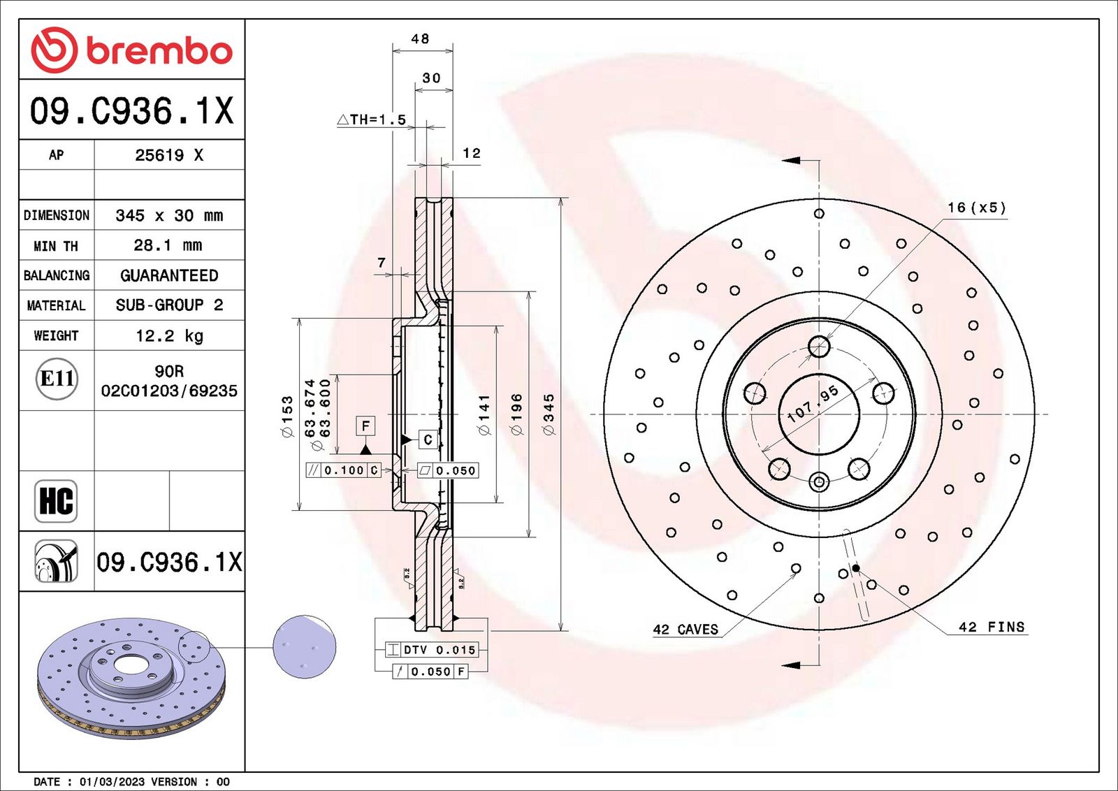 BREMBO 09.C936.1X - Bremsscheibe