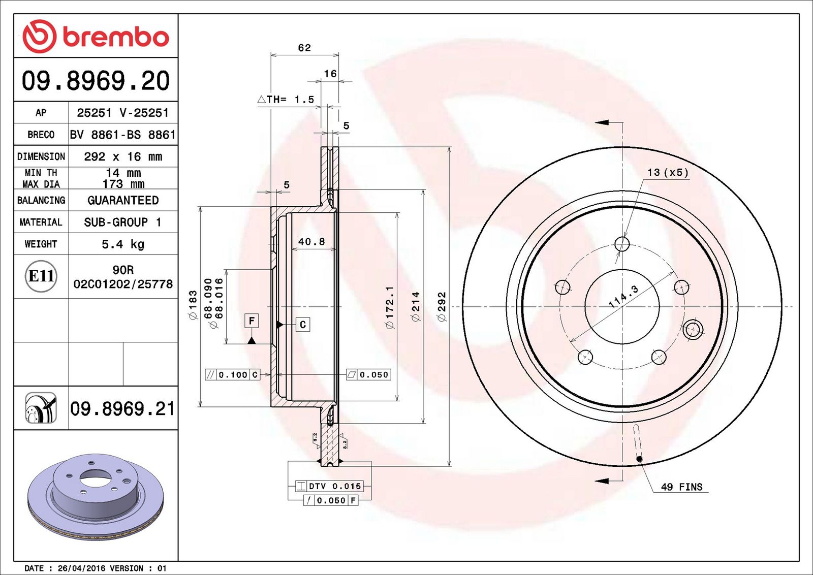 BREMBO 09.8969.21 - Bremsscheibe
