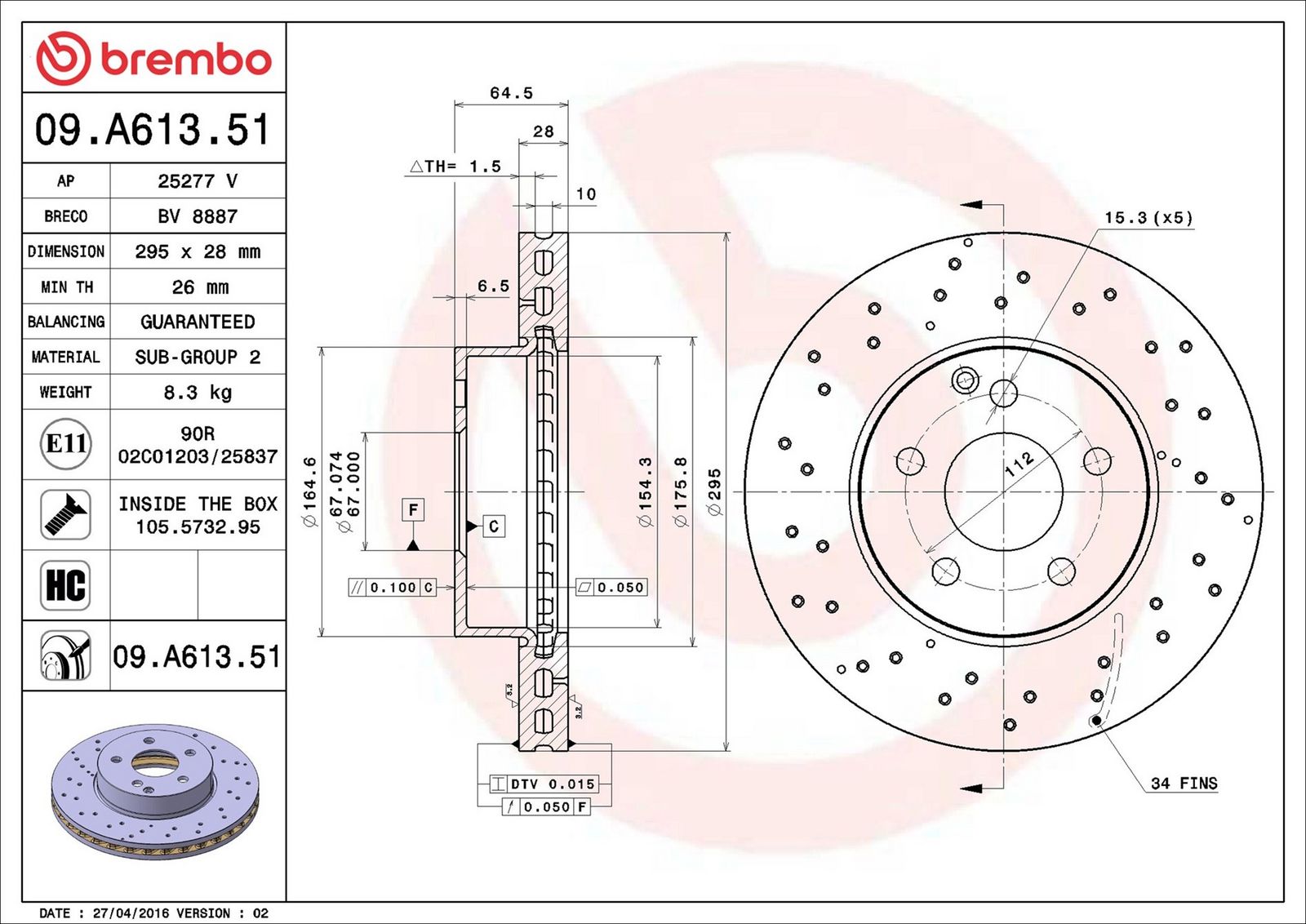 BREMBO 09.A613.51 - Bremsscheibe