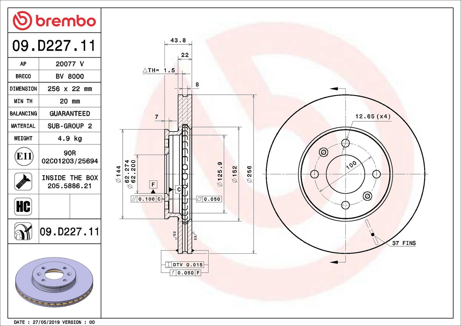 BREMBO 09.D227.11 - Bremsscheibe