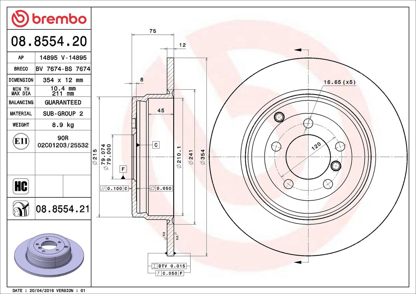 BREMBO 08.8554.21 - Bremsscheibe