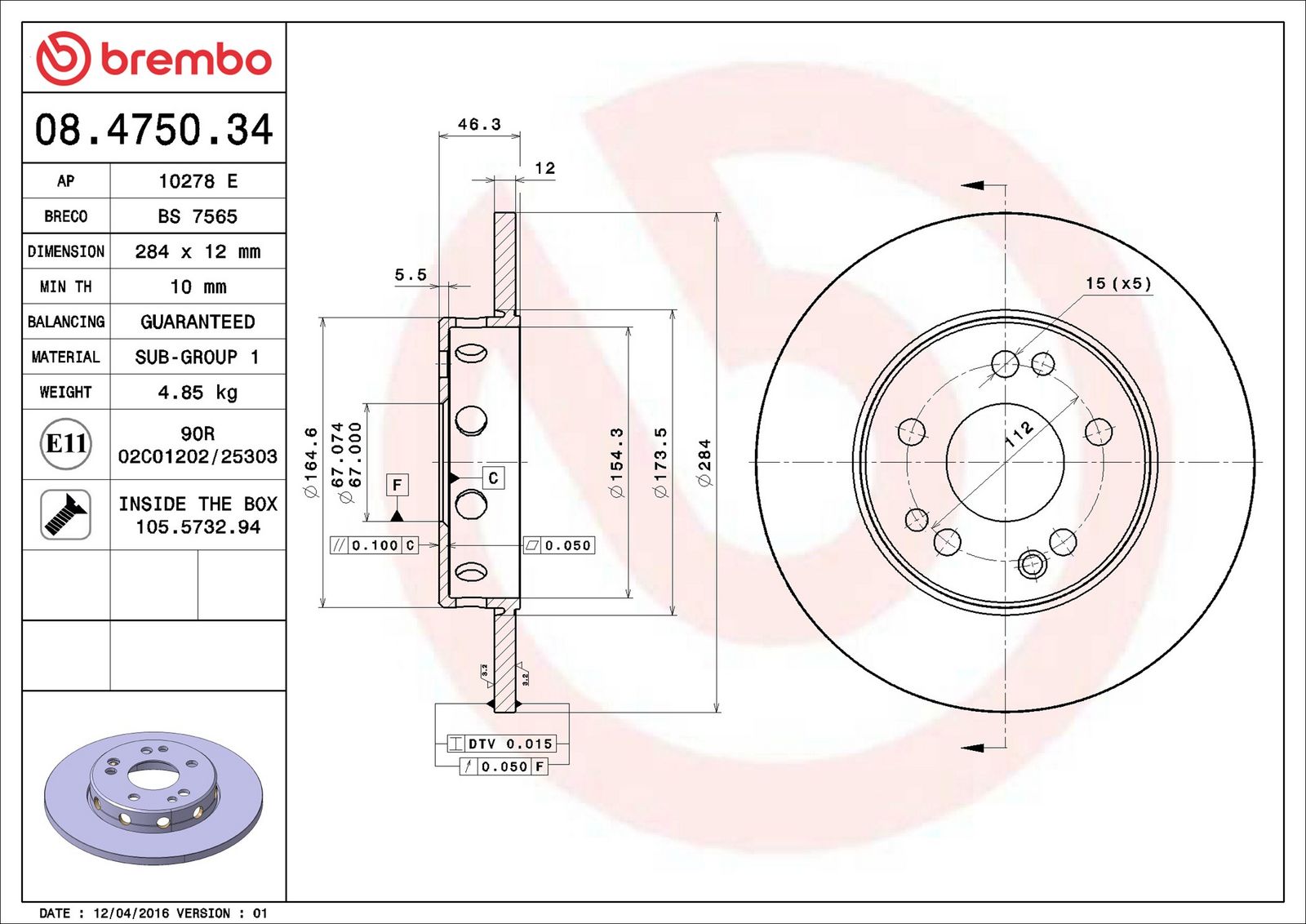 BREMBO 08.4750.34 - Bremsscheibe