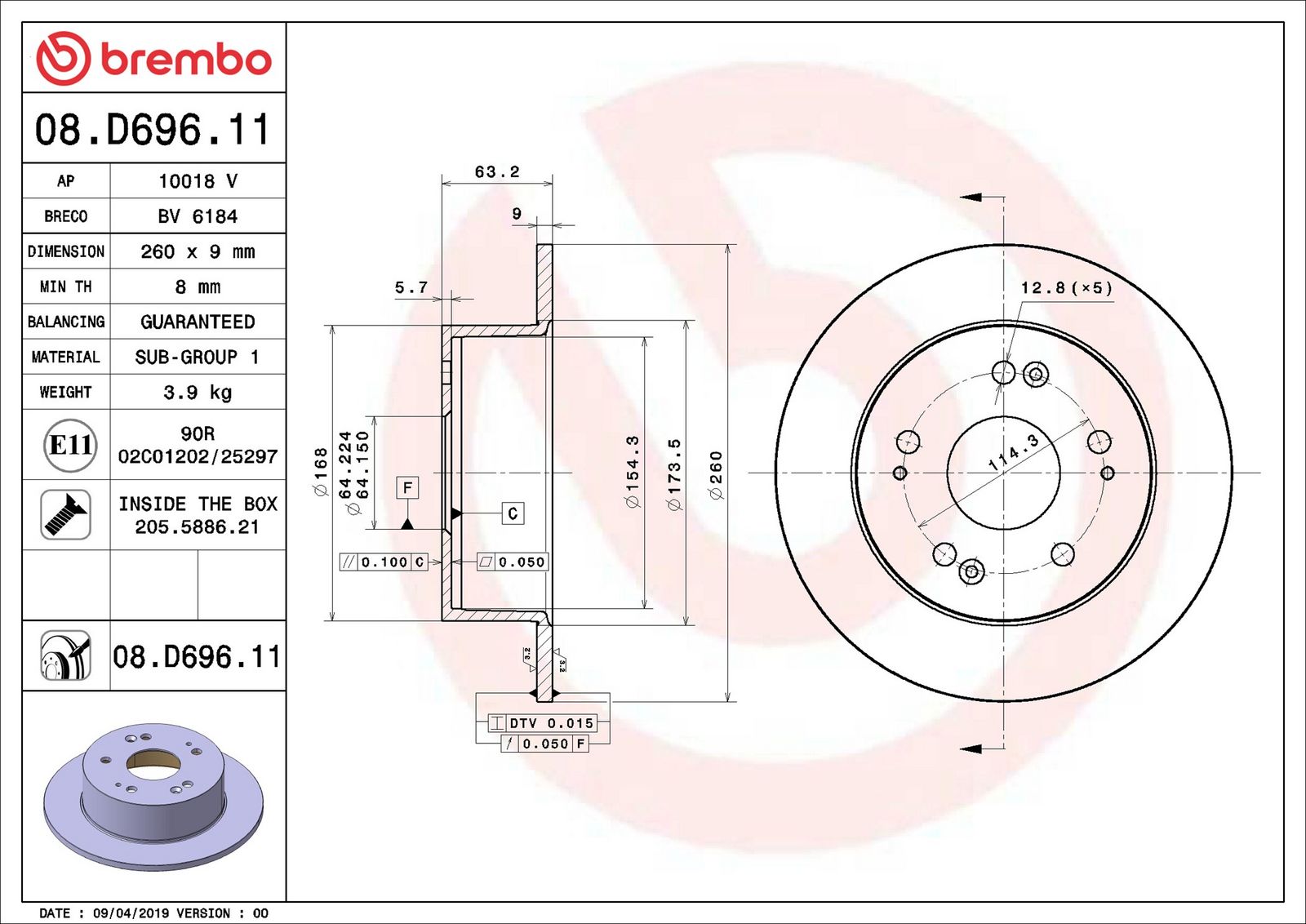 BREMBO 08.D696.11 - Bremsscheibe