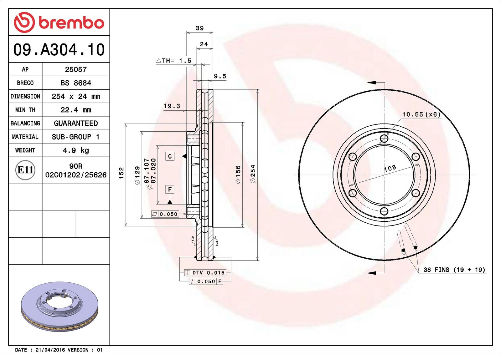 BREMBO 09.A304.10 - Bremsscheibe