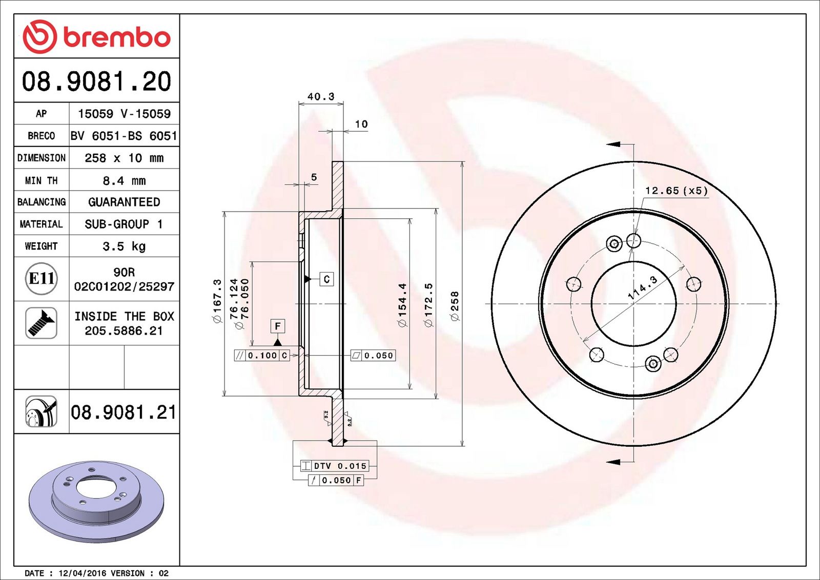 BREMBO 08.9081.21 - Bremsscheibe