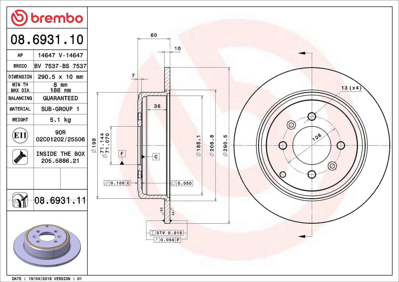 BREMBO 08.6931.11 - Bremsscheibe