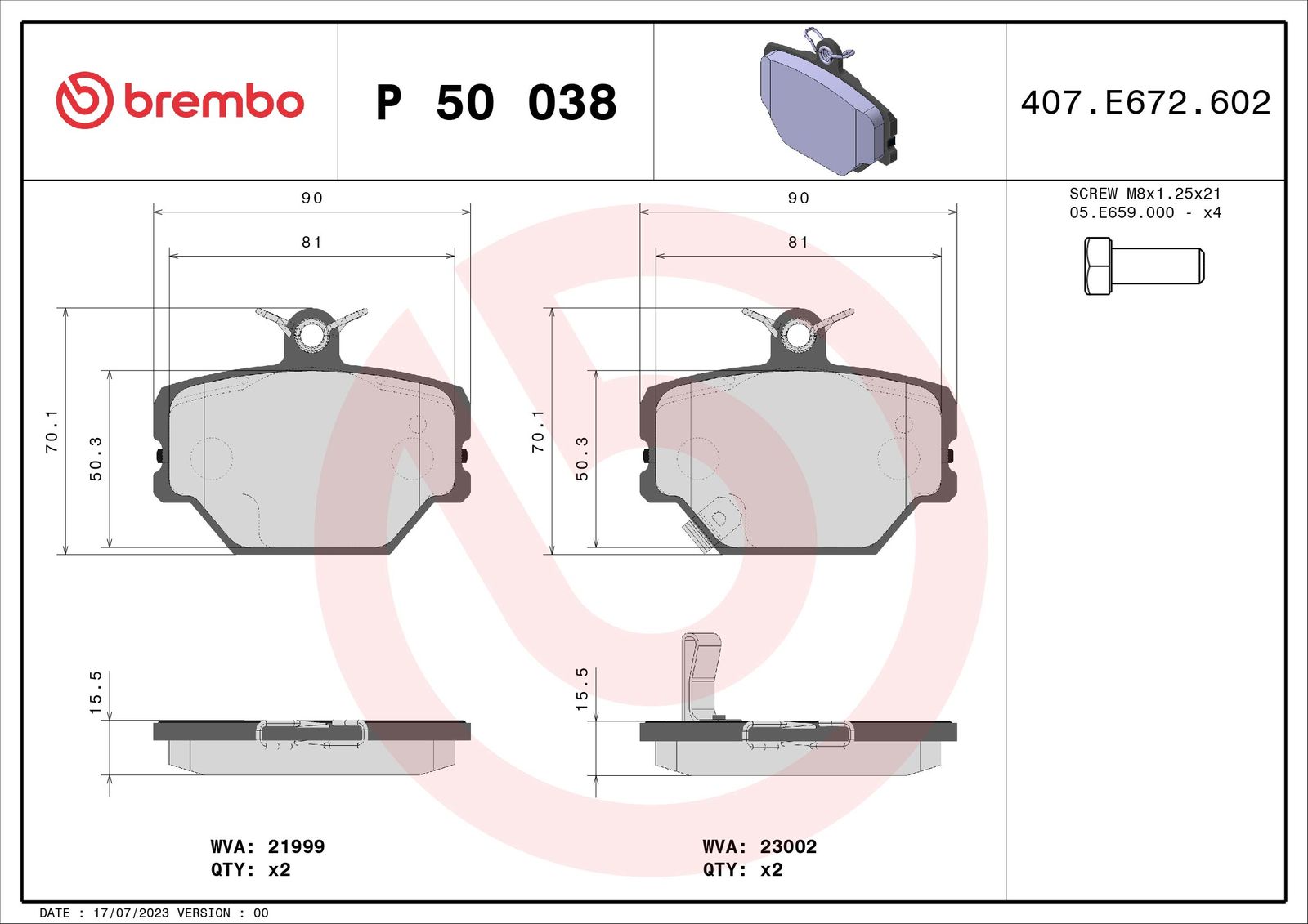 BREMBO P 50 038 - Bremsbelagsatz, Scheibenbremse