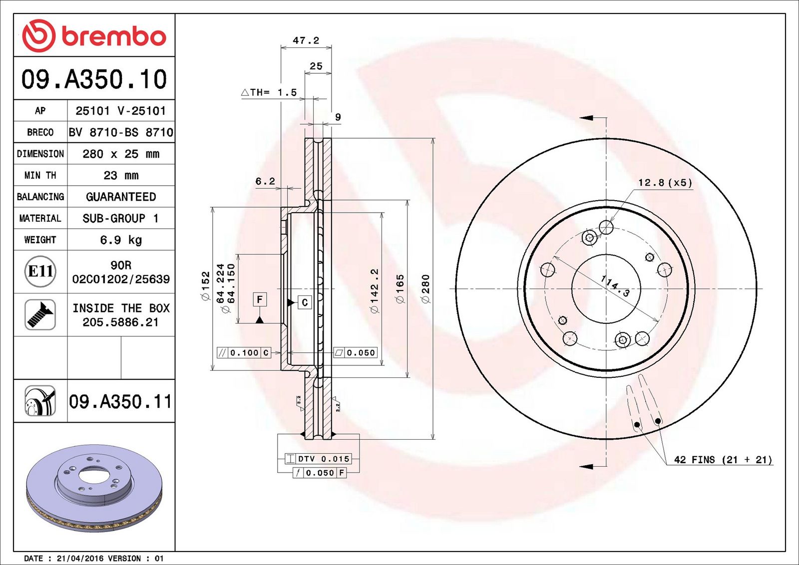 BREMBO 09.A350.11 - Bremsscheibe