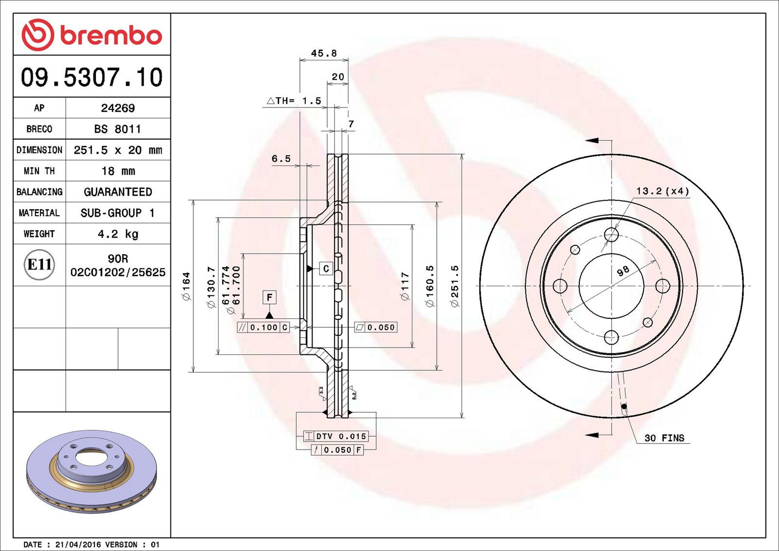 BREMBO 09.5307.10 - Bremsscheibe