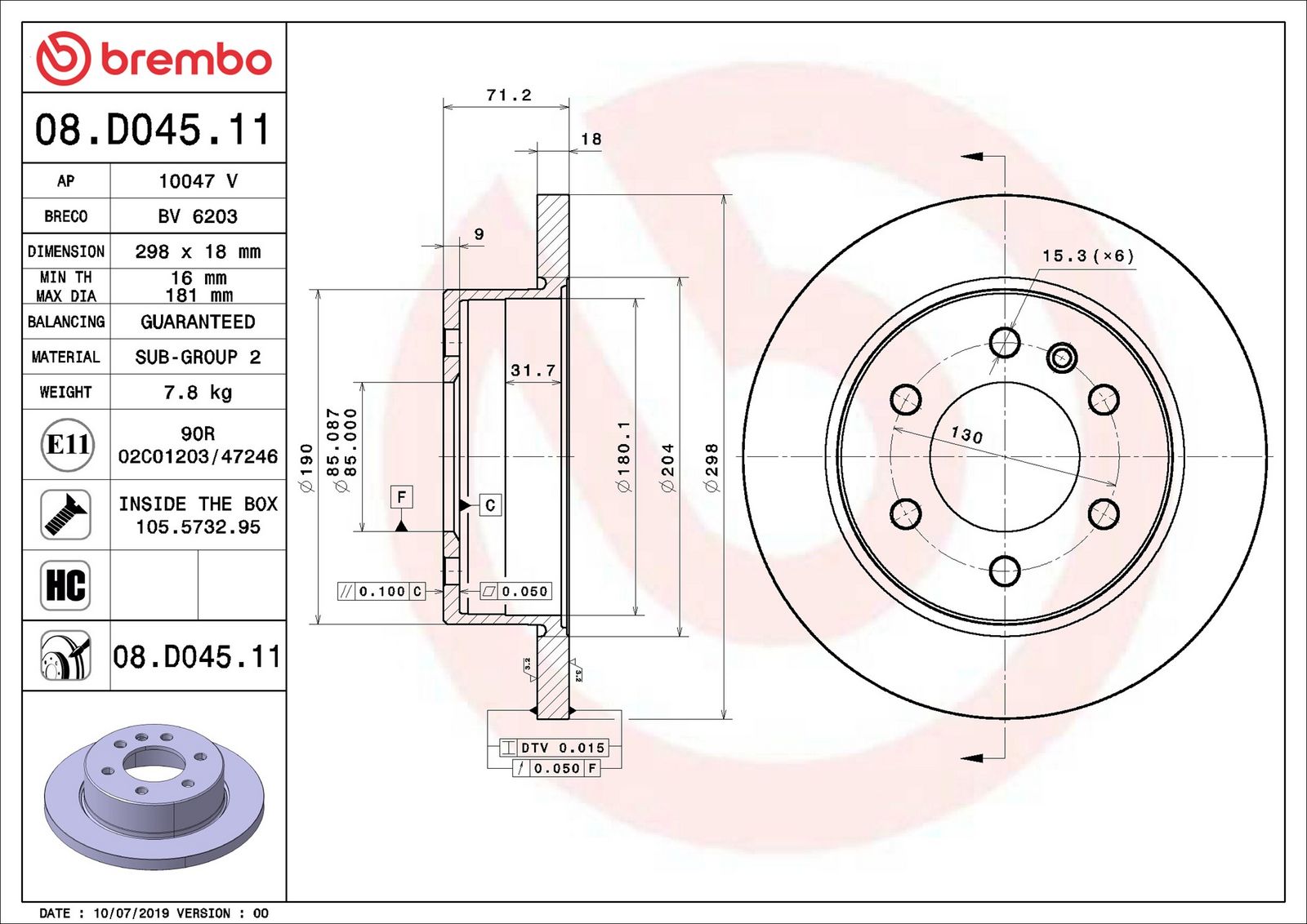 BREMBO 08.D045.11 - Bremsscheibe