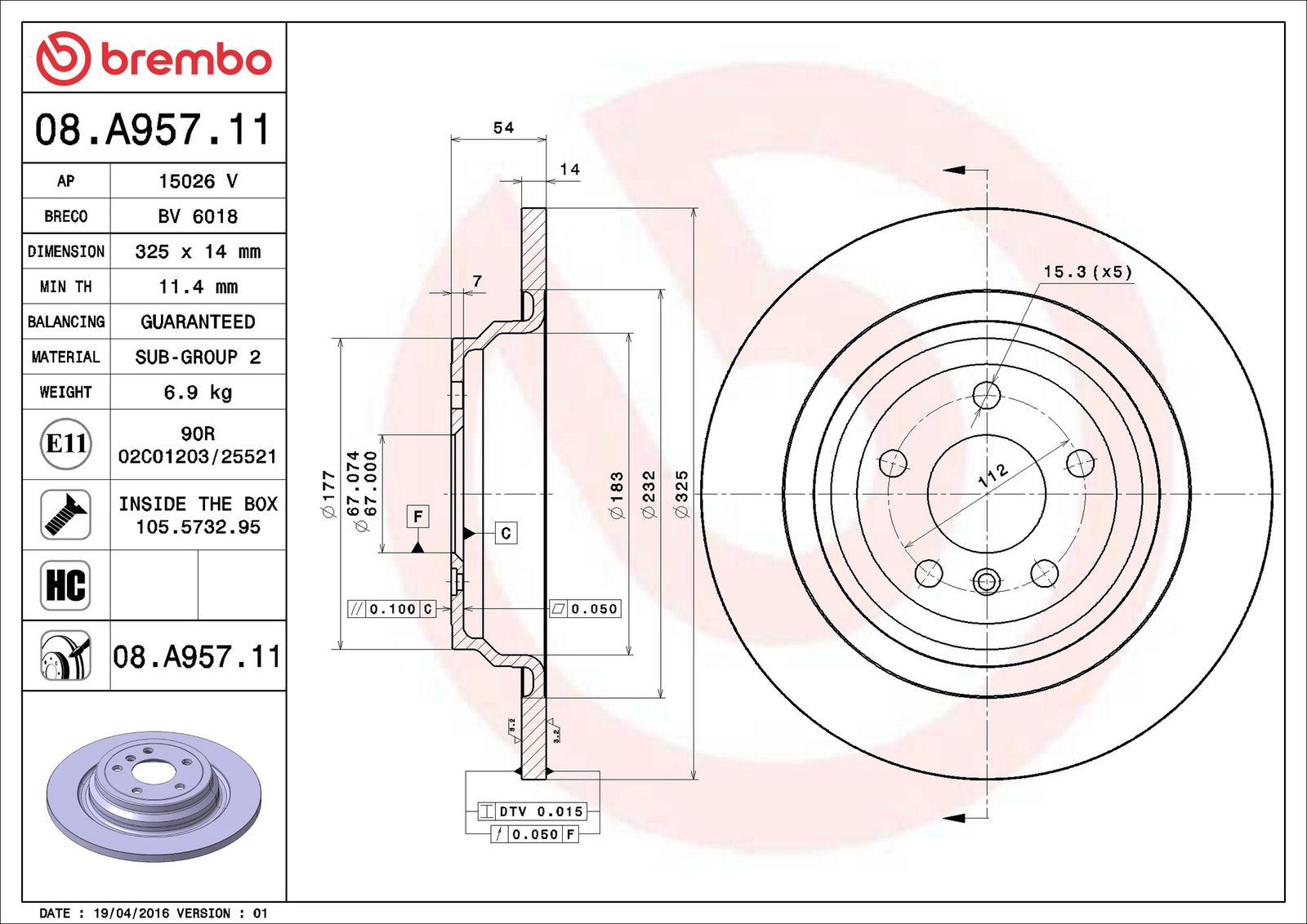 BREMBO 08.A957.11 - Bremsscheibe