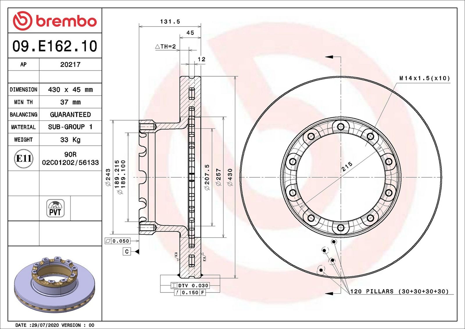 BREMBO 09.E162.10 - Bremsscheibe