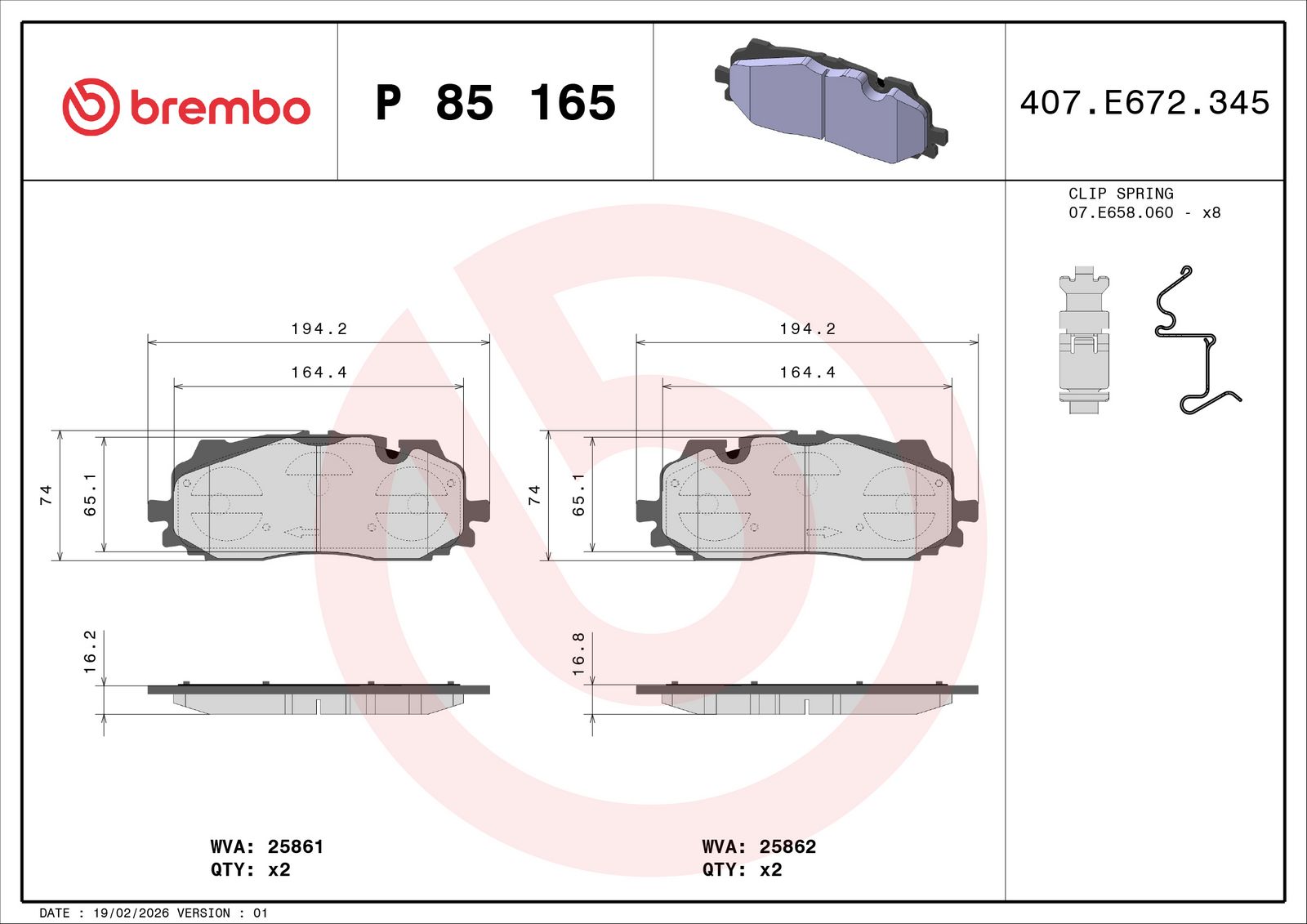 BREMBO P 85 165 - Bremsbelagsatz, Scheibenbremse