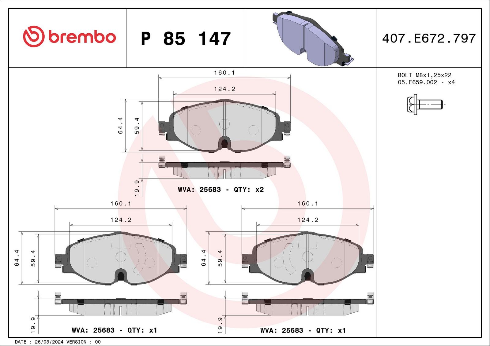 BREMBO P 85 147 - Bremsbelagsatz, Scheibenbremse