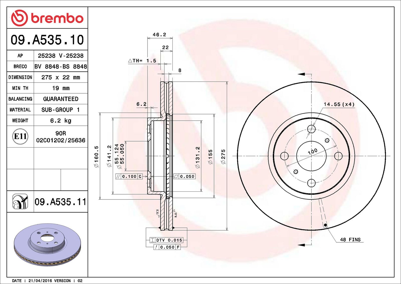 BREMBO 09.A535.11 - Bremsscheibe