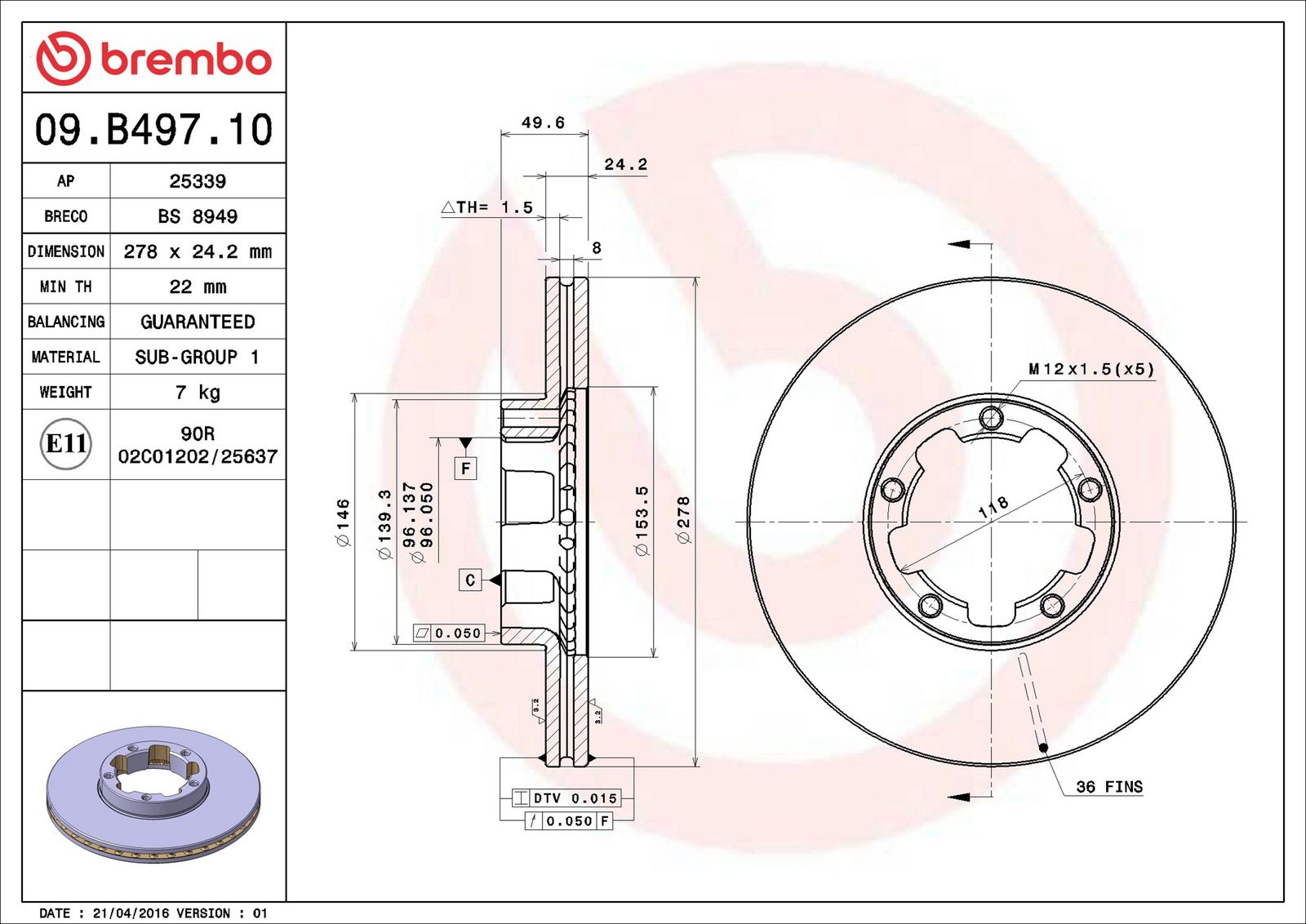 BREMBO 09.B497.10 - Bremsscheibe
