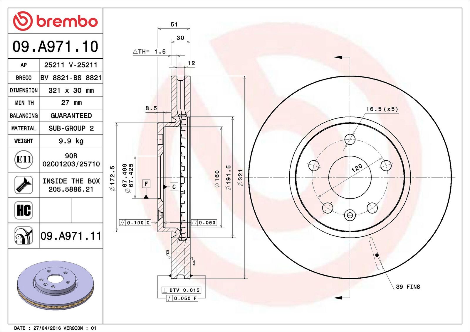 BREMBO 09.A971.11 - Bremsscheibe