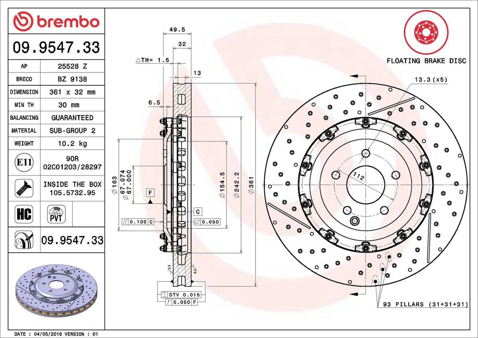 BREMBO 09.9547.33 - Bremsscheibe