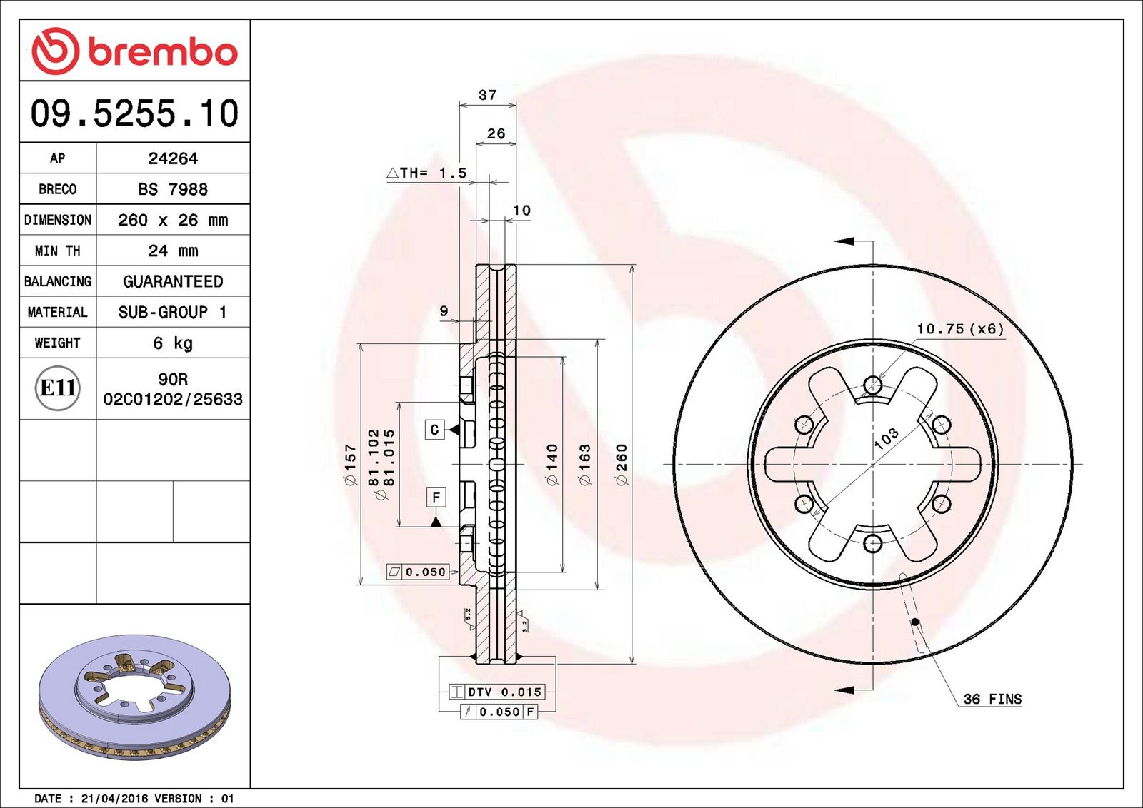 BREMBO 09.5255.10 - Bremsscheibe