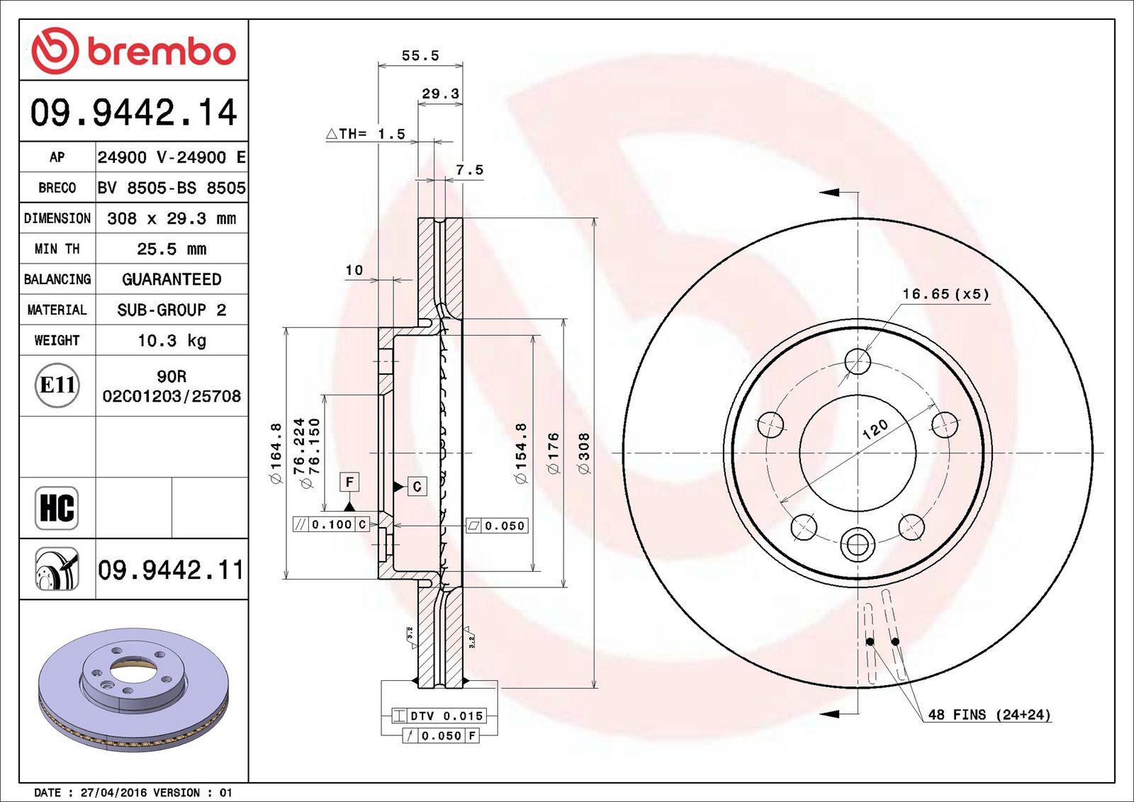 BREMBO 09.9442.11 - Bremsscheibe