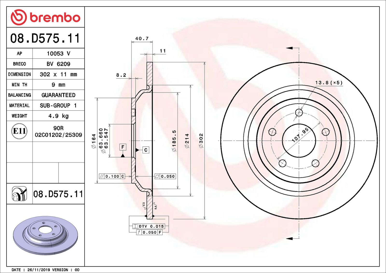 BREMBO 08.D575.11 - Bremsscheibe