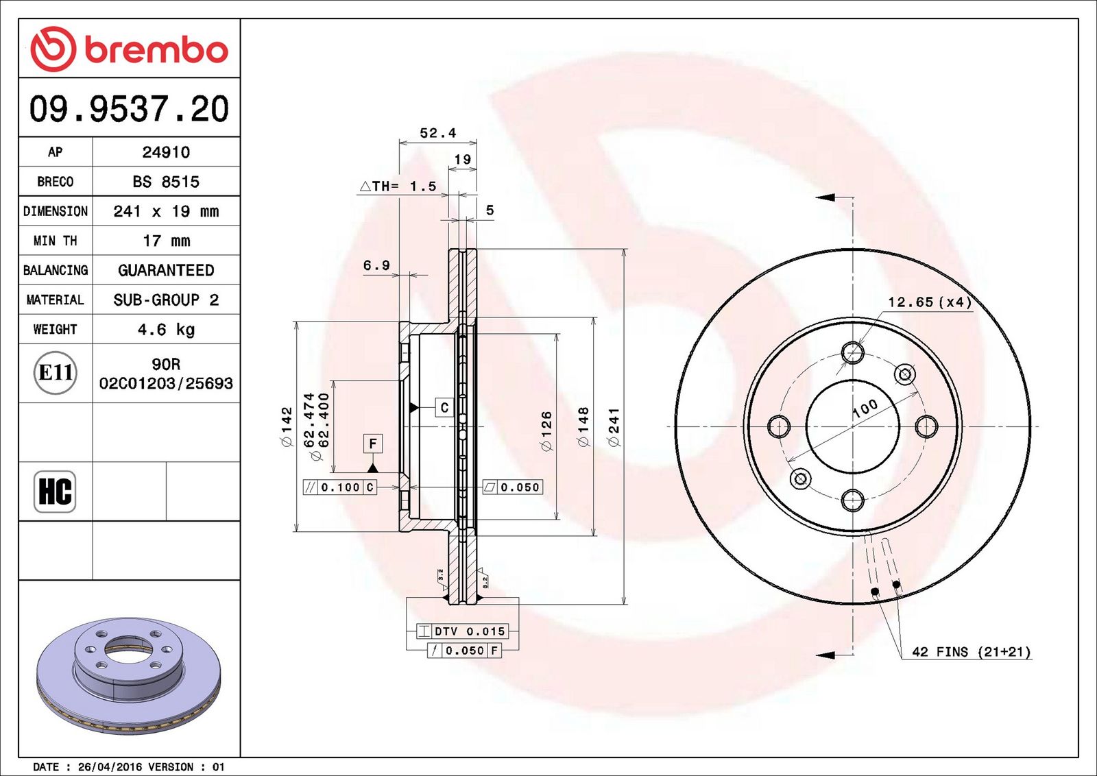 BREMBO 09.9537.20 - Bremsscheibe