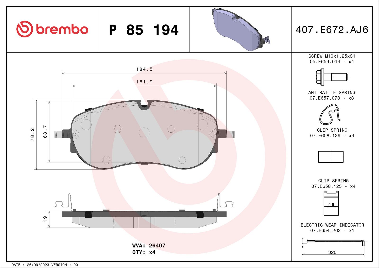 BREMBO P 85 194 - Bremsbelagsatz, Scheibenbremse