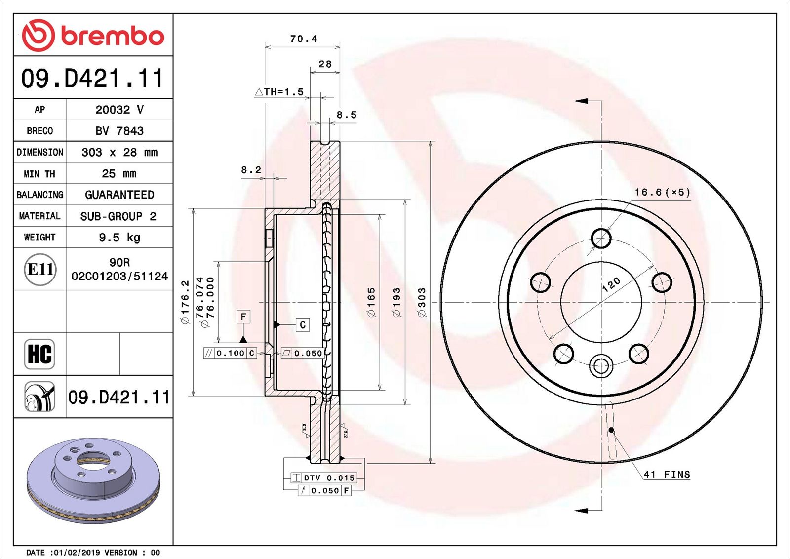 BREMBO 09.D421.11 - Bremsscheibe