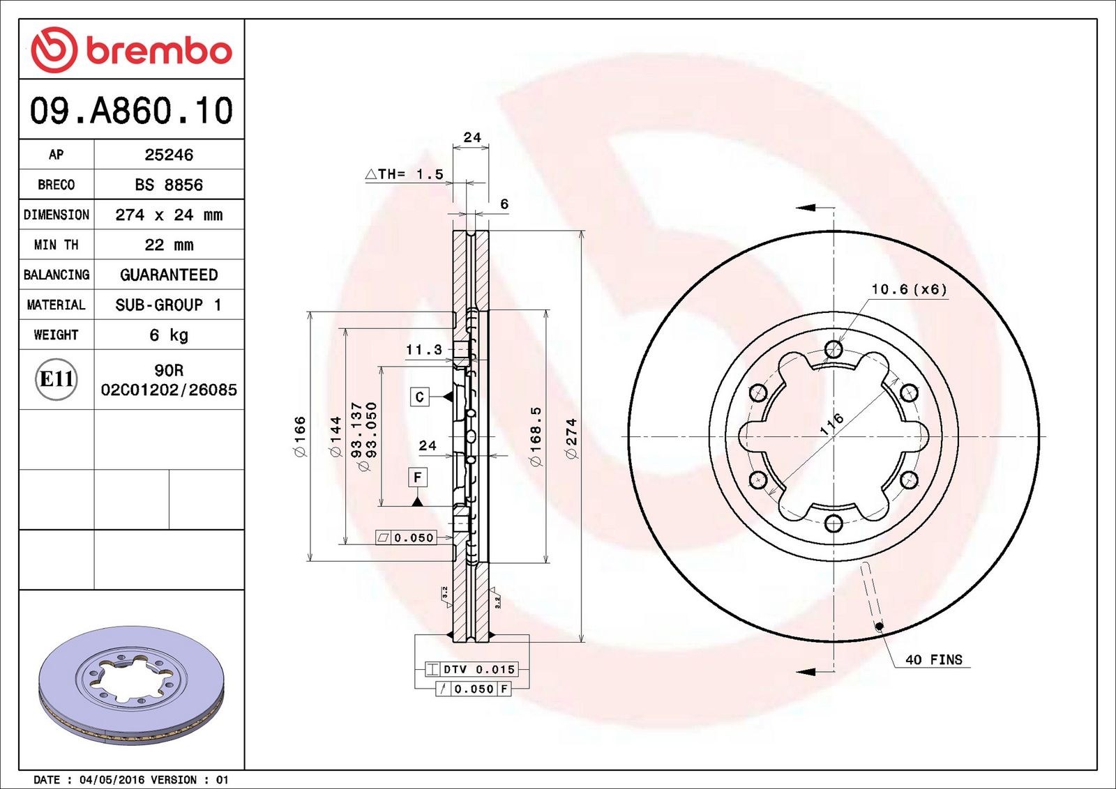 BREMBO 09.A860.10 - Bremsscheibe