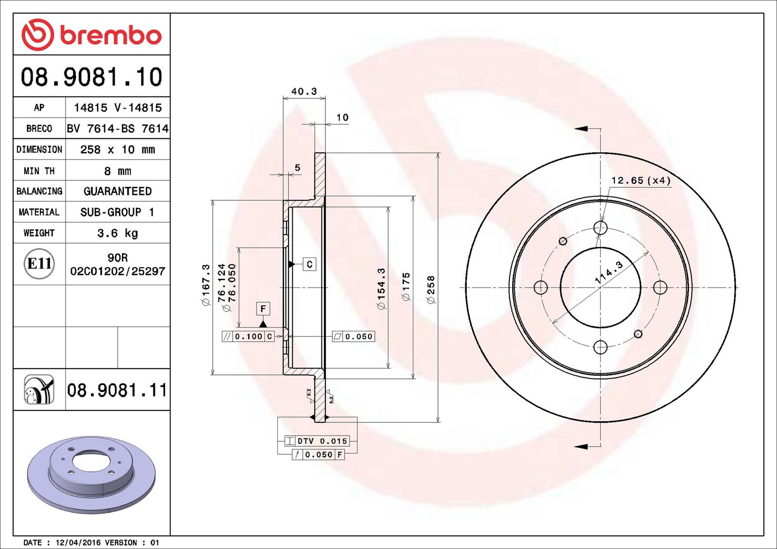BREMBO 08.9081.10 - Bremsscheibe