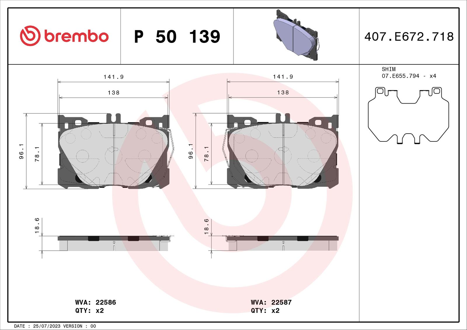 BREMBO P 50 139 - Bremsbelagsatz, Scheibenbremse