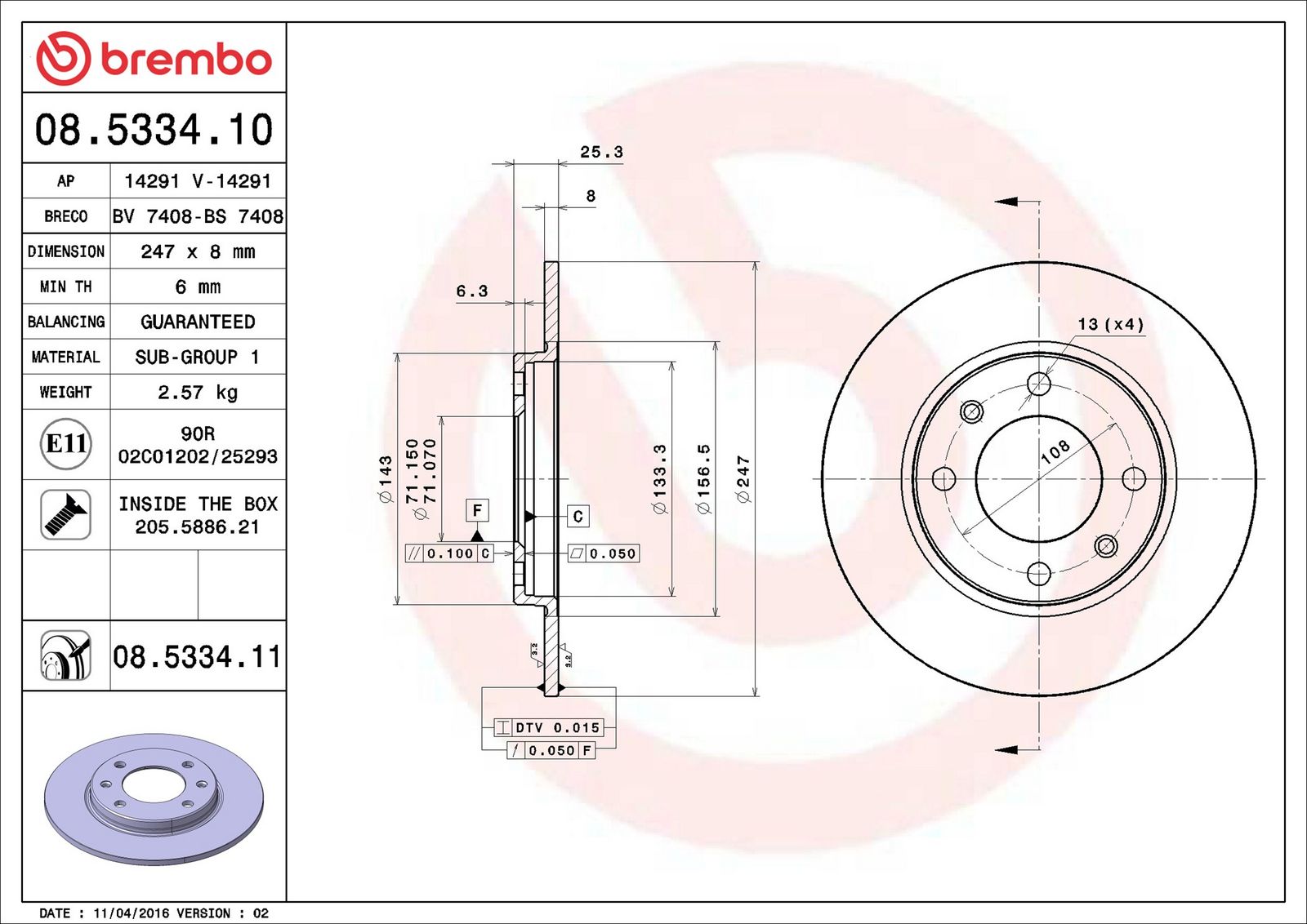 BREMBO 08.5334.11 - Bremsscheibe