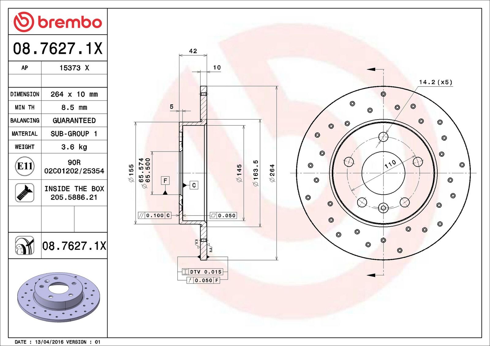 BREMBO 08.7627.1X - Bremsscheibe