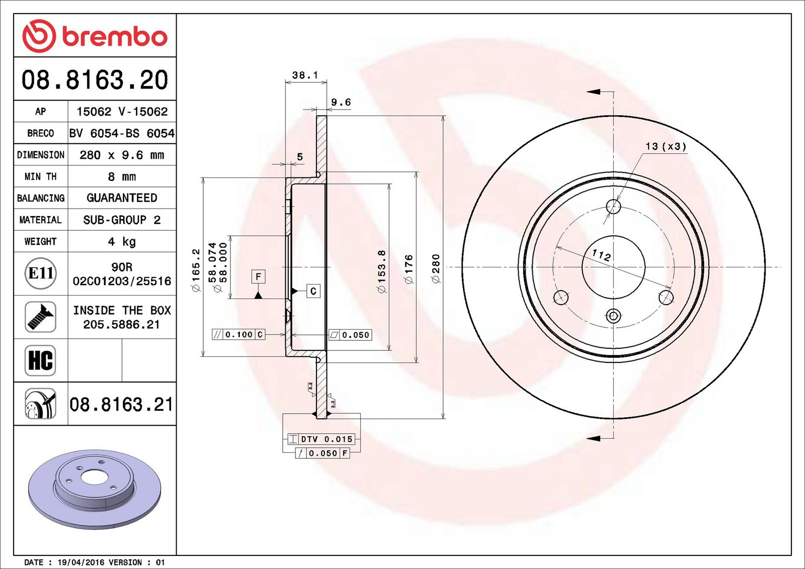 BREMBO 08.8163.21 - Bremsscheibe