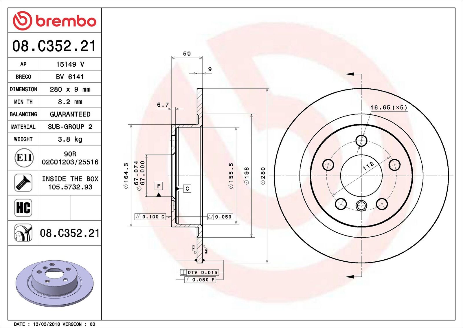 BREMBO 08.C352.21 - Bremsscheibe