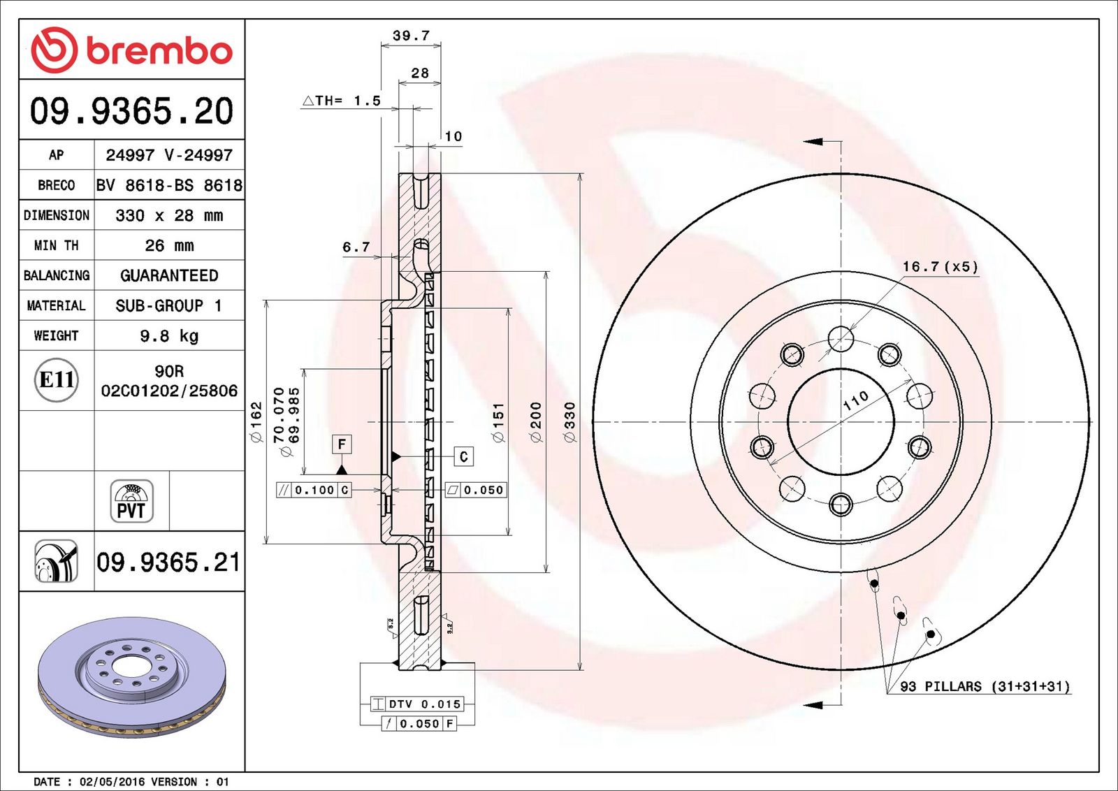 BREMBO 09.9365.21 - Bremsscheibe