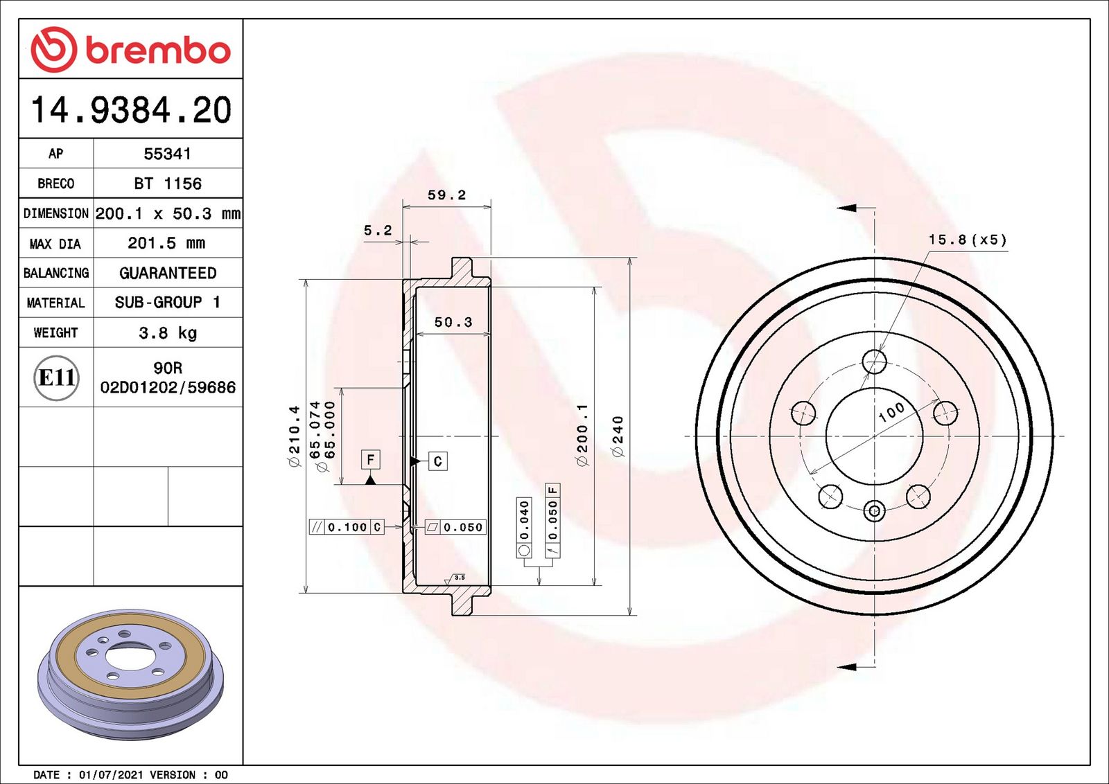 BREMBO 14.9384.20 - Bremstrommel