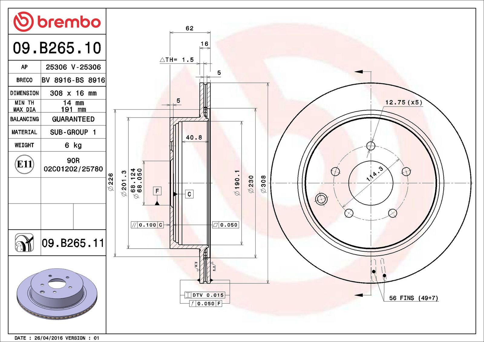 BREMBO 09.B265.11 - Bremsscheibe
