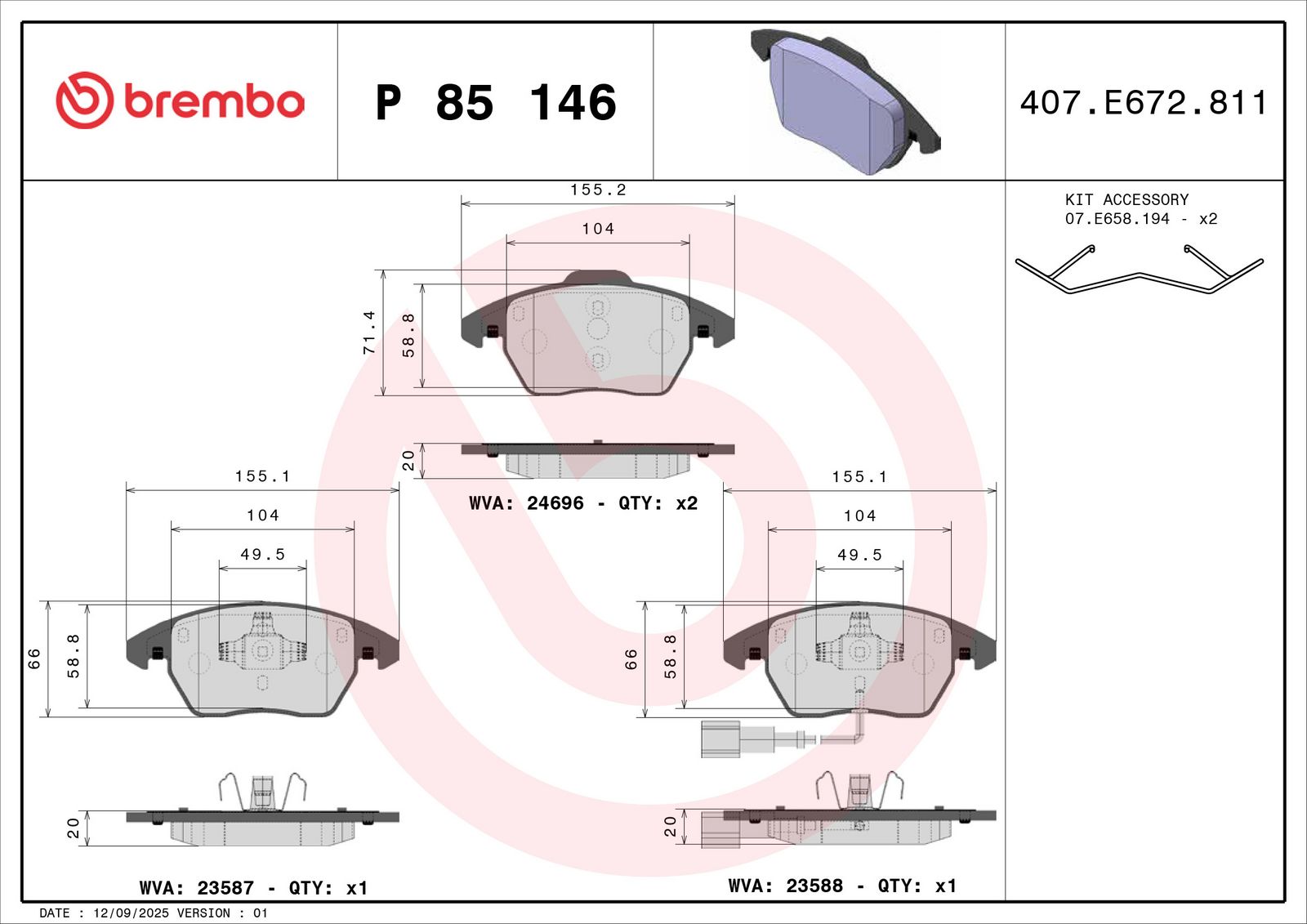 BREMBO P 85 146 - Bremsbelagsatz, Scheibenbremse