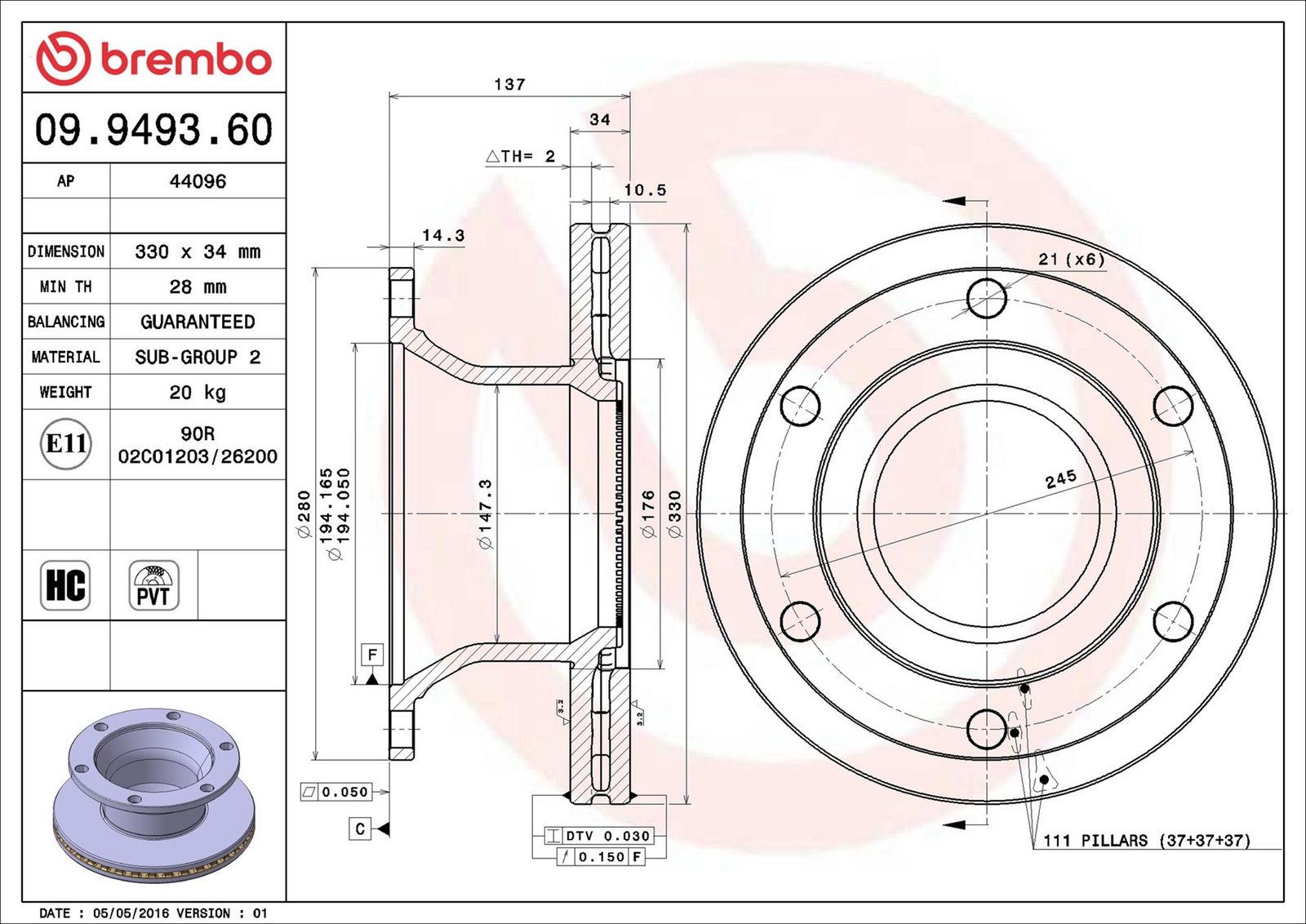 BREMBO 09.9493.60 - Bremsscheibe