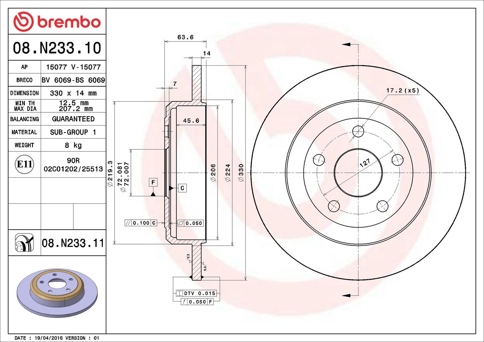 BREMBO 08.N233.11 - Bremsscheibe