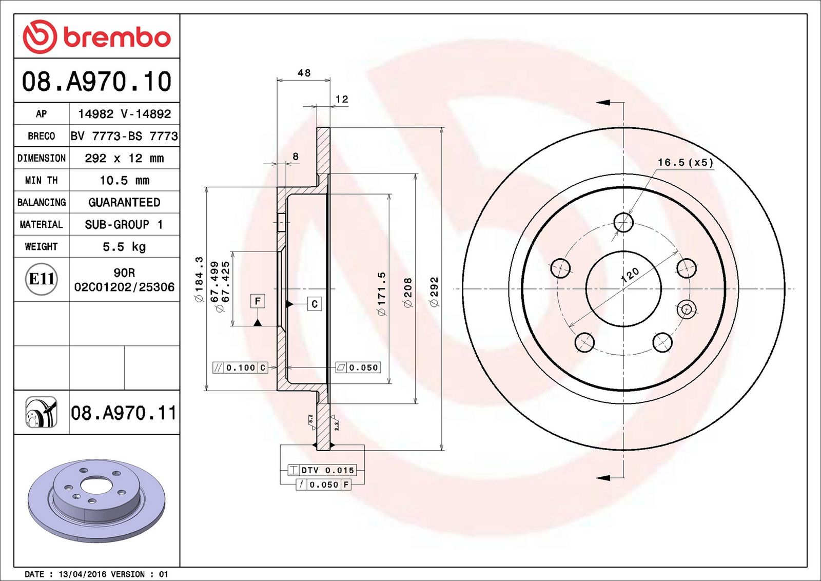 BREMBO 08.A970.11 - Bremsscheibe