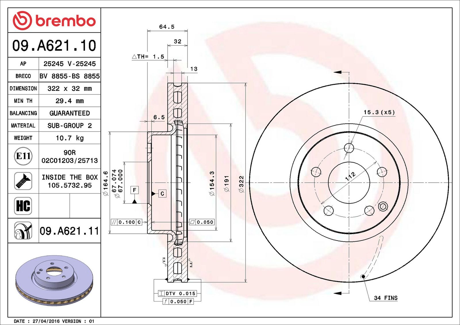 BREMBO 09.A621.11 - Bremsscheibe