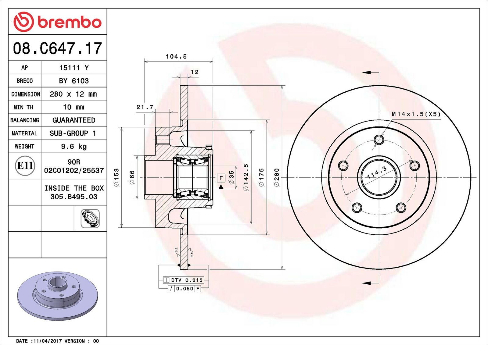 BREMBO 08.C647.17 - Bremsscheibe