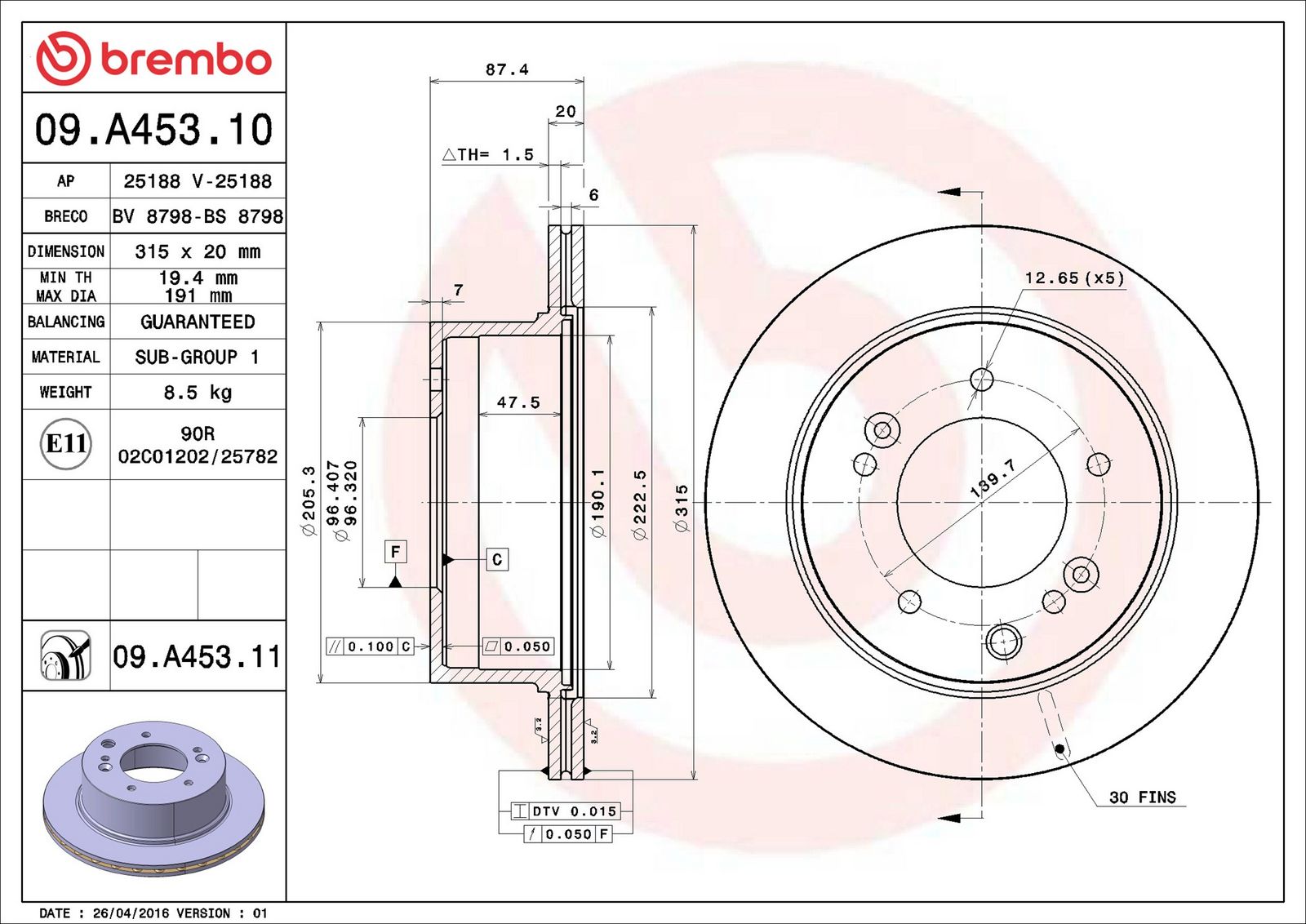 BREMBO 09.A453.11 - Bremsscheibe